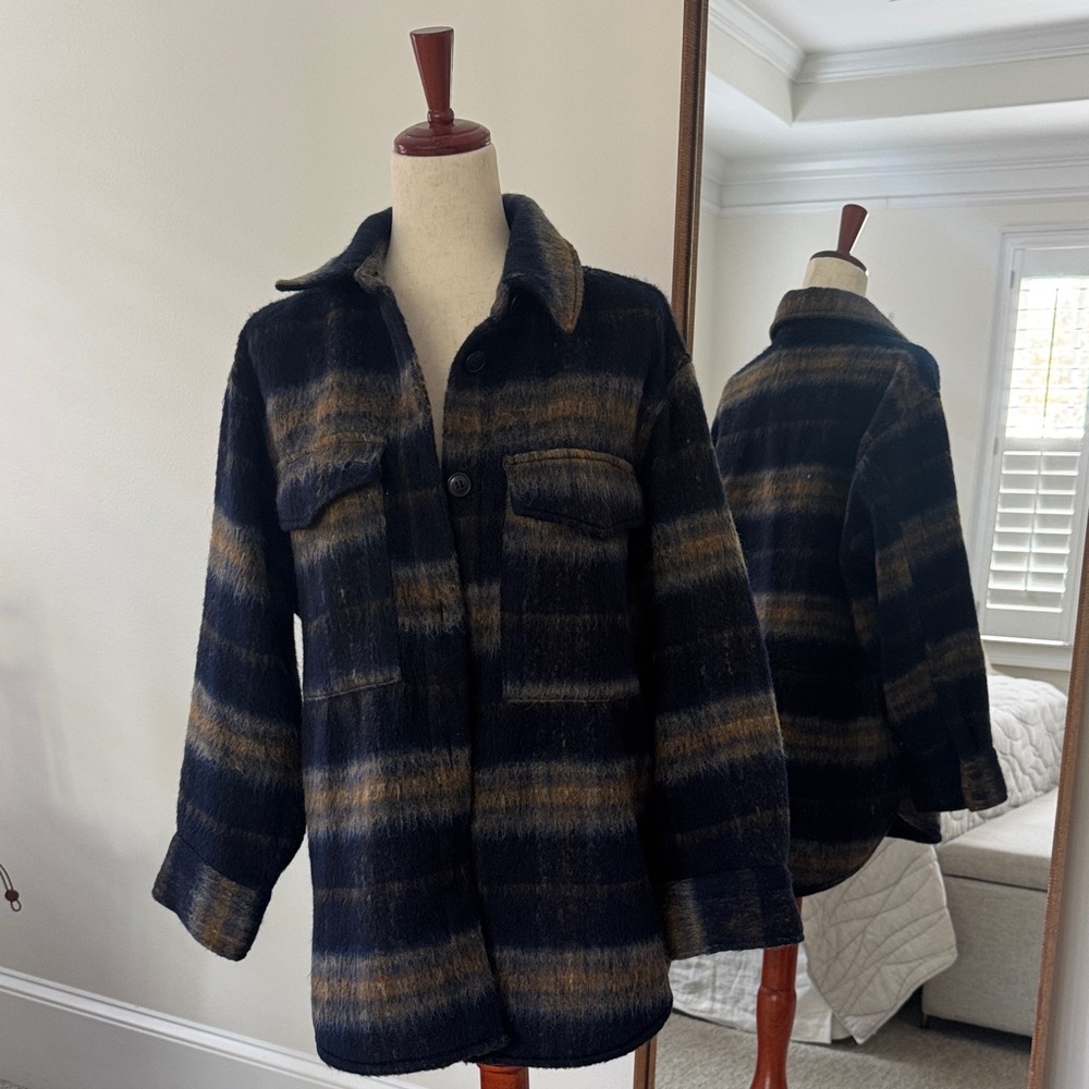H&M Dark Blue and Brown Striped Utility Jacket